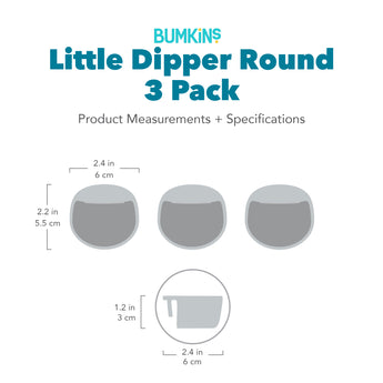Gray silhouette of Bumkins Silicone Little Dipper 3-Pack with dimensions—width: 2.4 in (6 cm), height: 2.2 in (5.5 cm), depth: 1.2 in (3 cm).