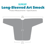 Gray Silhouette of Bumkins Long-Sleeved Art Smock with dimensions—width: 38 in (97 cm), height: 17 in (43 cm), bottom width: 14 in (36 cm).
