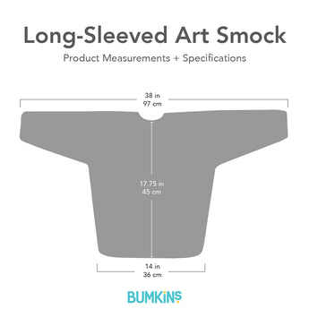 Gray Silhouette of Bumkins Long-Sleeved Art Smock with dimensions—width: 38 in (97 cm), height: 17.75 in (45 cm), bottom width: 14 in (36 cm).