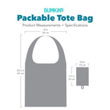 Bumkins Packable Tote Bag with dimensions—bag: 15 in (38 cm) by 25.5 in in (65 cm), folded pouch: 5.5 in (14 cm) by 7.5 in (18 cm).