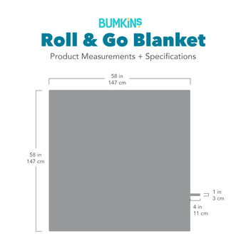 Gray silhouette of Bumkins Roll & Go Blanket with dimensions—width: 58 in (147 cm), height: 58 n (147 cm)