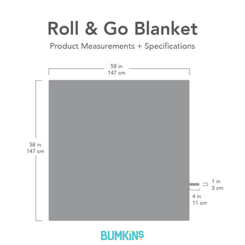 Gray silhouette of Bumkins Roll & Go Blanket with dimensions—width: 58 in (147 cm), height: 58 n (147 cm)