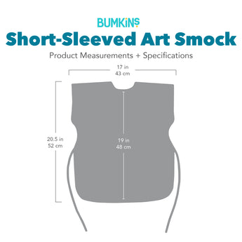 Gray silhouette of Bumkins Short-Sleeved Art Smock with dimensions—width: 17 in (43 cm), height: 20.5 in (52 cm), height from neck: 19 in (48 cm).