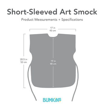 Gray silhouette of Bumkins Short-Sleeved Art Smock with dimensions—width: 17 in (43 cm), height: 20.5 in (52 cm), height from neck: 19 in (48 cm).