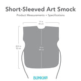 Gray silhouette of Bumkins Short-Sleeved Art Smock with dimensions—width: 17 in (43 cm), height: 20.5 in (52 cm), height from neck: 19 in (48 cm).
