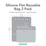 Bumkins Silicone Flat Reusable Bag 2 Pack with dimensions—large: 6.75 in (17 cm) by 8.5 in (22 cm), small: 6.75 in (17 cm) by 5.5 in (14 cm).