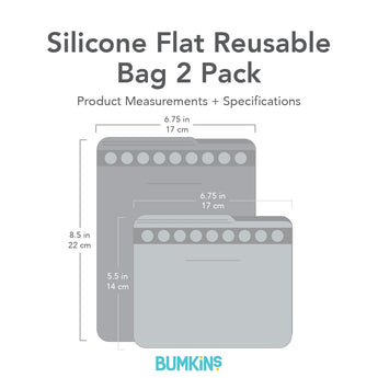 Bumkins Silicone Flat Reusable Bag 2 Pack with dimensions—large: 6.75 in (17 cm) by 8.5 in (22 cm), small: 6.75 in (17 cm) by 5.5 in (14 cm).