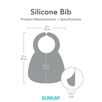 Bumkins Silicone Bib with dimensions—width: 8 in (20 cm), height: 12 in (30 cm), height from neck: 6.75 in (17 cm), pocket depth: 1.5 in (4 cm).