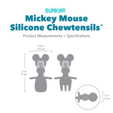 Gray silhouette of Bumkins Silicone Chewtensils Mickey Mouse with dimensions—width: 1.3 in (3.5 cm), height: 3 in (8 cm), depth: 1 in (3 cm).