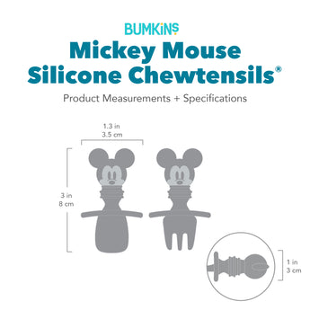 Gray silhouette of Bumkins Silicone Chewtensils Mickey Mouse with dimensions—width: 1.3 in (3.5 cm), height: 3 in (8 cm), depth: 1 in (3 cm).