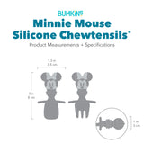 Gray silhouette of Bumkins Silicone Chewtensils Minnie Mouse with dimensions—width: 1.3 in (3.5 cm), height: 3 in (8 cm), depth: 1 in (3 cm).
