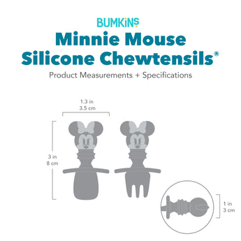 Gray silhouette of Bumkins Silicone Chewtensils Minnie Mouse with dimensions—width: 1.3 in (3.5 cm), height: 3 in (8 cm), depth: 1 in (3 cm).