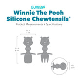 Gray silhouette of Bumkins Silicone Chewtensils® Winnie The Pooh with dimensions—width: 1.1 in (3 cm), height: 3.1 in (8 cm), depth: 1 in (3 cm).