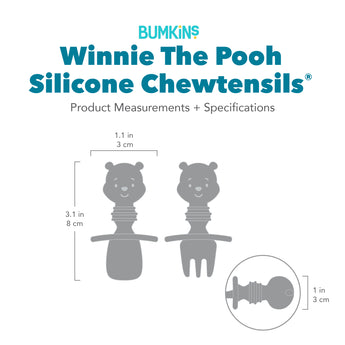 Gray silhouette of Bumkins Silicone Chewtensils® Winnie The Pooh with dimensions—width: 1.1 in (3 cm), height: 3.1 in (8 cm), depth: 1 in (3 cm).