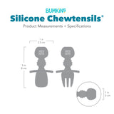 Gray silhouette of Bumkins Silicone Chewtensils® with dimensions—width: 1 in (3 cm), height: 3 in (8 cm), depth: 1 in (2.5 cm).