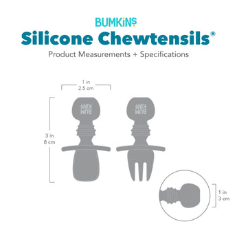 Gray silhouette of Bumkins Silicone Chewtensils® with dimensions—width: 1 in (3 cm), height: 3 in (8 cm), depth: 1 in (2.5 cm).