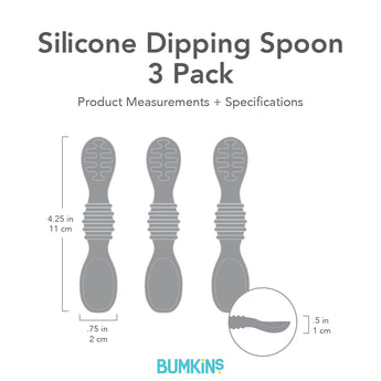Graphic of Bumkins Silicone Dipping Spoons (Taffy) 3 Pack for self-feeding. Each spoon measures 4.25x0.75x0.5.
