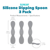 Gray silhouette of Bumkins Silicone Dipping Spoon 3 Pack with dimensions—top width: 0.9 in, bottom width: 1 in, height: 4.5 in, depth: 0.5 in.
