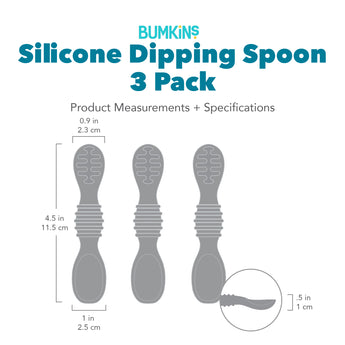 Gray silhouette of Bumkins Silicone Dipping Spoon 3 Pack with dimensions—top width: 0.9 in, bottom width: 1 in, height: 4.5 in, depth: 0.5 in.