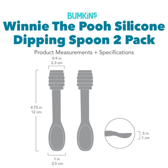 Bumkins Silicone Dipping Spoon: Winnie The Pooh with dimensions—top width: 0.9 in, bottom width: 1 in, height: 4.75 in, depth: 0.5 in.