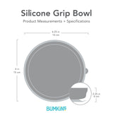 Gray silhouette of Bumkins Silicone Grip Bowl with dimensions—width: 6.25 in (16 cm), height: 6 in (15 cm), depth: 2.25 in (6 cm).