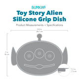 Gray silhouette of Bumkins Silicone Grip Dish Alien with dimensions—width: 9.5 in (24.1 cm), height: 7 in (18 cm), depth: 1 in (3 cm).