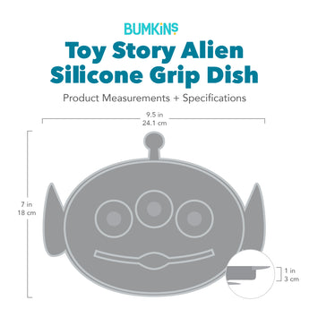 Gray silhouette of Bumkins Silicone Grip Dish Alien with dimensions—width: 9.5 in (24.1 cm), height: 7 in (18 cm), depth: 1 in (3 cm).