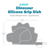 Gray silhouette of Bumkins Silicone Grip Dish Dinosaur with dimensions—width: 8.7 in (22 cm), height: 6.25 in (16 cm), depth: 1 in (3 cm).