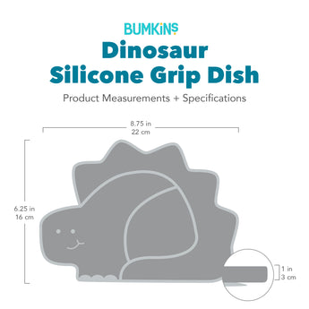 Gray silhouette of Bumkins Silicone Grip Dish Dinosaur with dimensions—width: 8.7 in (22 cm), height: 6.25 in (16 cm), depth: 1 in (3 cm).