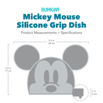 Gray silhouette of Bumkins Silicone Grip Dish Mickey Mouse with dimensions—width: 9.5 in (24 cm), height: 6.5 in (17 cm), depth: 1 in (3 cm).