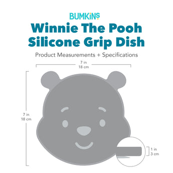 Gray silhouette of Bumkins Silicone Grip Dish Winnie The Pooh with dimensions—width: 7 in (18 cm), height: 7 in (18 cm), depth: 1 in (3 cm).
