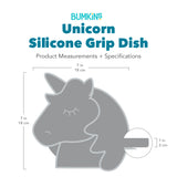 Gray silhouette of Bumkins Silicone Grip Dish Unicorn with dimensions—width: 7 in (18 cm), height: 7 in (18 cm), depth: 1 in (3 cm).