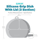 Bumkins Silicone Grip Dish with Lid (3 Section) with dimensions—width: 8.1 in (20.5 cm), height: 7.25 in (18 cm), depth: 1 in (3 cm).