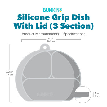 Bumkins Silicone Grip Dish with Lid (3 Section) with dimensions—width: 8.1 in (20.5 cm), height: 7.25 in (18 cm), depth: 1 in (3 cm).