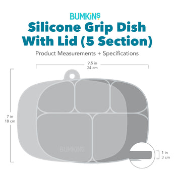 Bumkins Silicone Grip Dish with Lid (5 Section) with dimensions—width: 9.5 in (24 cm), height: 7 in (18 cm), depth: 1 in (3 cm).