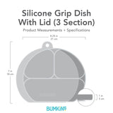 Bumkins Lavender Silicone Grip Dish: 3 sections, food-safe silicone, suction base, 8.25x7x1, with lid.