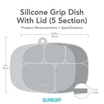 Bumkins’ Gray Silicone Grip Dish with Lid (5 sections) measures 9.45x7x1 (24cmx18cmx3cm) and features a leak-resistant lid.