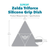 Bumkins Silicone Grip Dish: Zelda™ Triforce with dimensions—width: 8 in (20 cm), height: 7 in (18 cm), depth: 1 in (3 cm).
