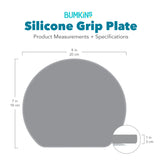 Gray silhouette of Bumkins Silicone Grip Plate with dimensions—width: 8 in (20 cm), height: 7 in (18 cm), depth: 1 in (3 cm).
