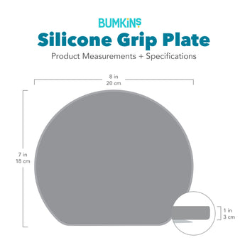 Gray silhouette of Bumkins Silicone Grip Plate with dimensions—width: 8 in (20 cm), height: 7 in (18 cm), depth: 1 in (3 cm).