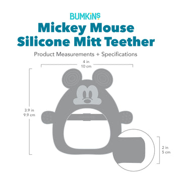 Bumkins Silicone Un-Droppable Mitt Teether: Mickey Mouse with dimensions—width: 4 in (10 cm), height: 3.9 in (9.9 cm), depth: 2 in (5 cm).