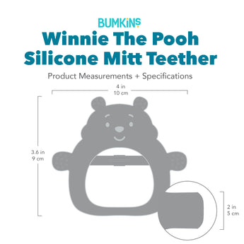 Bumkins Silicone Un-Droppable Mitt Teether: Winnie the Pooh with dimensions—width: 4 in (10 cm), height: 3.6 in (9 cm), depth: 2 in (5 cm).