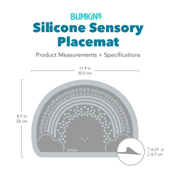 Gray silhouette of Bumkins Silicone Sensory Placemat dimensions—width: 11.9 in (30.5 cm), height: 8.7 in (22 cm), depth: .27 in (.7 cm)