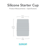 Gray silhouette of Bumkins Silicone Starter Cup with dimensions—top width: 1.5 in (4 cm), height: 2.75 in (7 cm), bottom width: 2 in (5 cm).