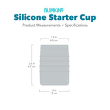 Gray silhouette of Bumkins Silicone Starter Cup with dimensions—top width: 1.8 in (4.5 cm), height: 2.6 in (6.7 cm), bottom width: 2 in (5 cm).