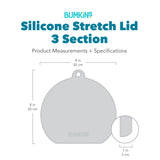 Gray silhouette of Bumkins Silicone Stretch Lid 3 Section with dimensions—width: 8 in (20 cm), height: 8 in (20 cm), depth: 1 in (3 cm).