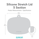 Gray silhouette of Bumkins Silicone Stretch Lid 5 Section with dimensions—width: 9.5 in (24 cm), height: 8 in (20 cm), width: 1 in (3 cm).