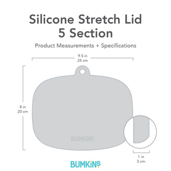 Gray silhouette of Bumkins Silicone Stretch Lid 5 Section with dimensions—width: 9.5 in (24 cm), height: 8 in (20 cm), width: 1 in (3 cm).