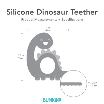 Silicone Teether: Dinosaur by Bumkins, 3.5 tall, 3 wide, offers baby gum relief with its soft design.