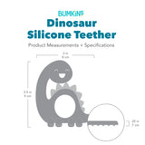 Gray silhouette of Bumkins Silicone Dinosaur Teether with dimensions—width: 3 in (8 cm), height: 3.5 in (9 cm), charm height: .25 in (.7 cm).